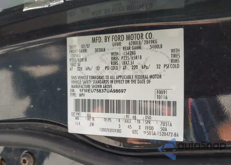 2007 Ford Explorer Limited z USA, uszkodzony, nr VIN 1FMEU75837UA98697